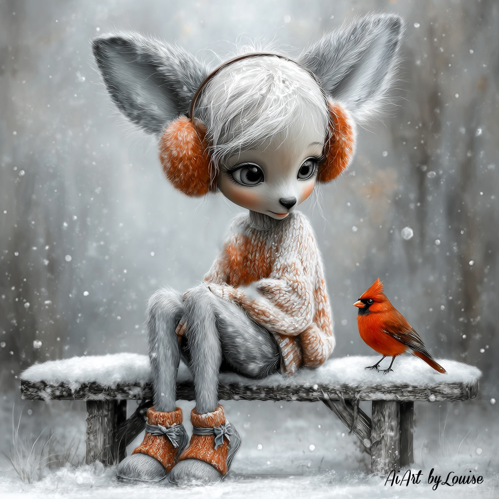 Cute fox-like character in earmuffs sitting on a snowy bench next to a red cardinal