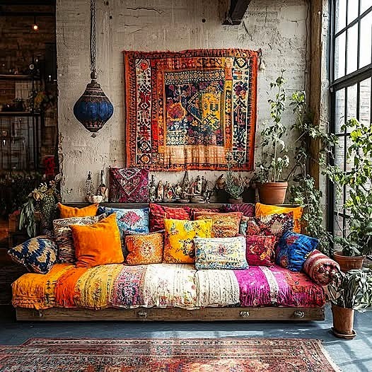 Bohemian living room with a colorful textile-covered sofa, patterned pillows, plants, and a wall tapestry