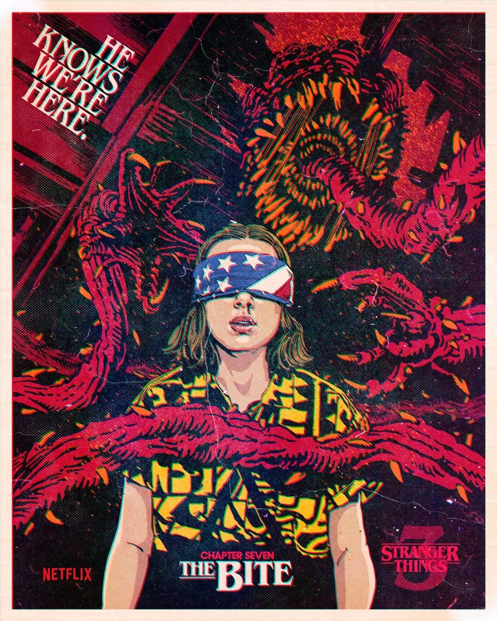 Stranger Things Season 3 'The Bite' poster with blindfolded person and red demogorgon creatures