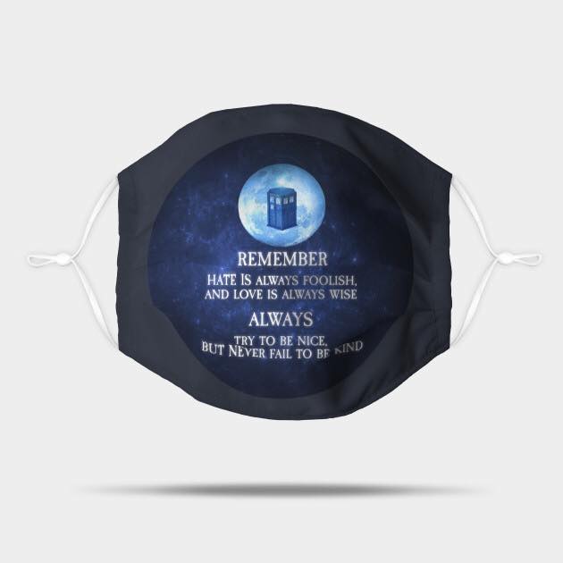 Black fabric face mask with Doctor Who TARDIS and quote on cosmic background