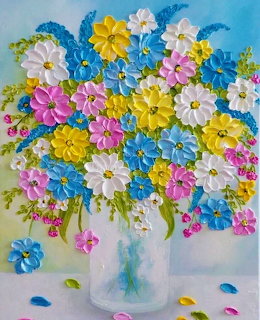 Impasto painting of a colorful flower bouquet in a glass vase
