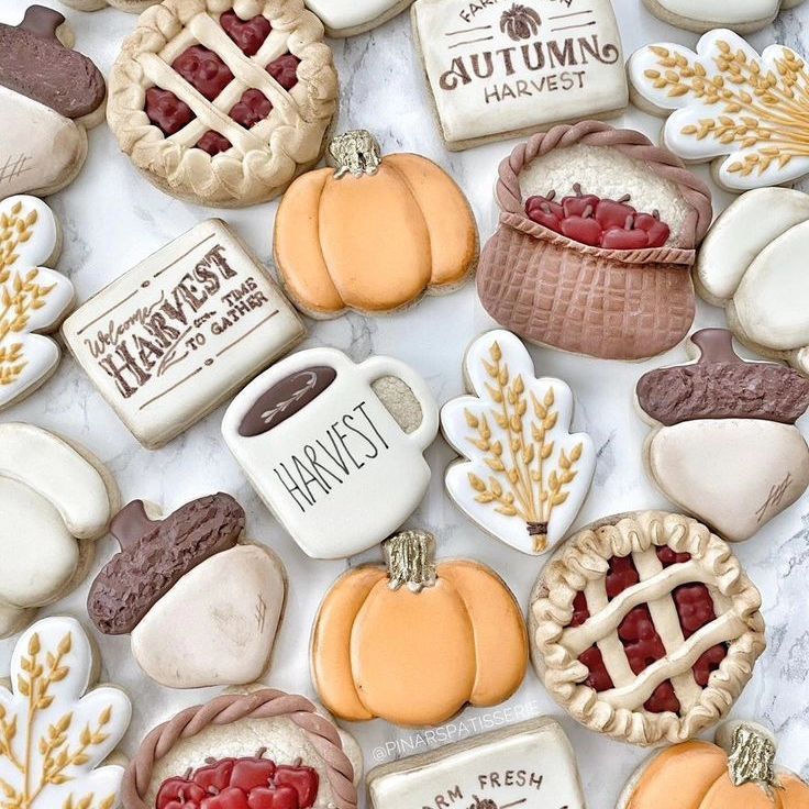 Assorted autumn-themed decorated cookies including pumpkins, pies, wheat, and mason jars arranged on white background