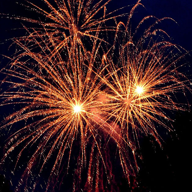 Golden fireworks exploding in a dark night sky