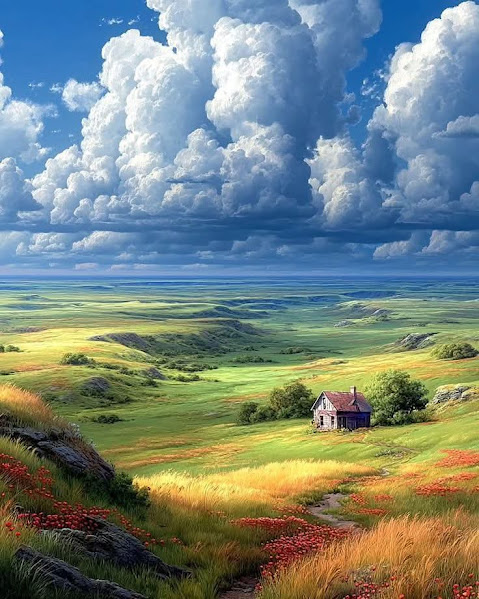 White cottage in green rolling hills beneath dramatic clouds