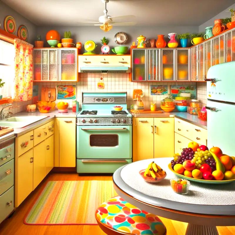 Bright 1970s-style kitchen with pastel cabinets, mint stove, striped rug, and fruit on a round table