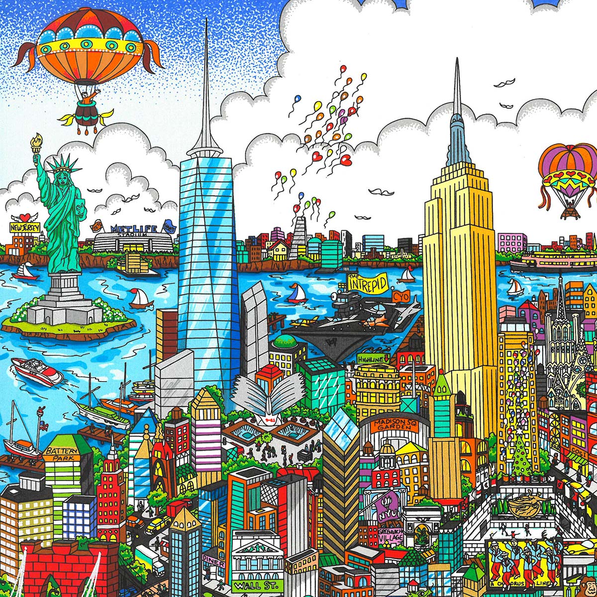 Colorful 3D pop art illustration of New York City with iconic landmarks, hot air balloons, and busy harbor scene