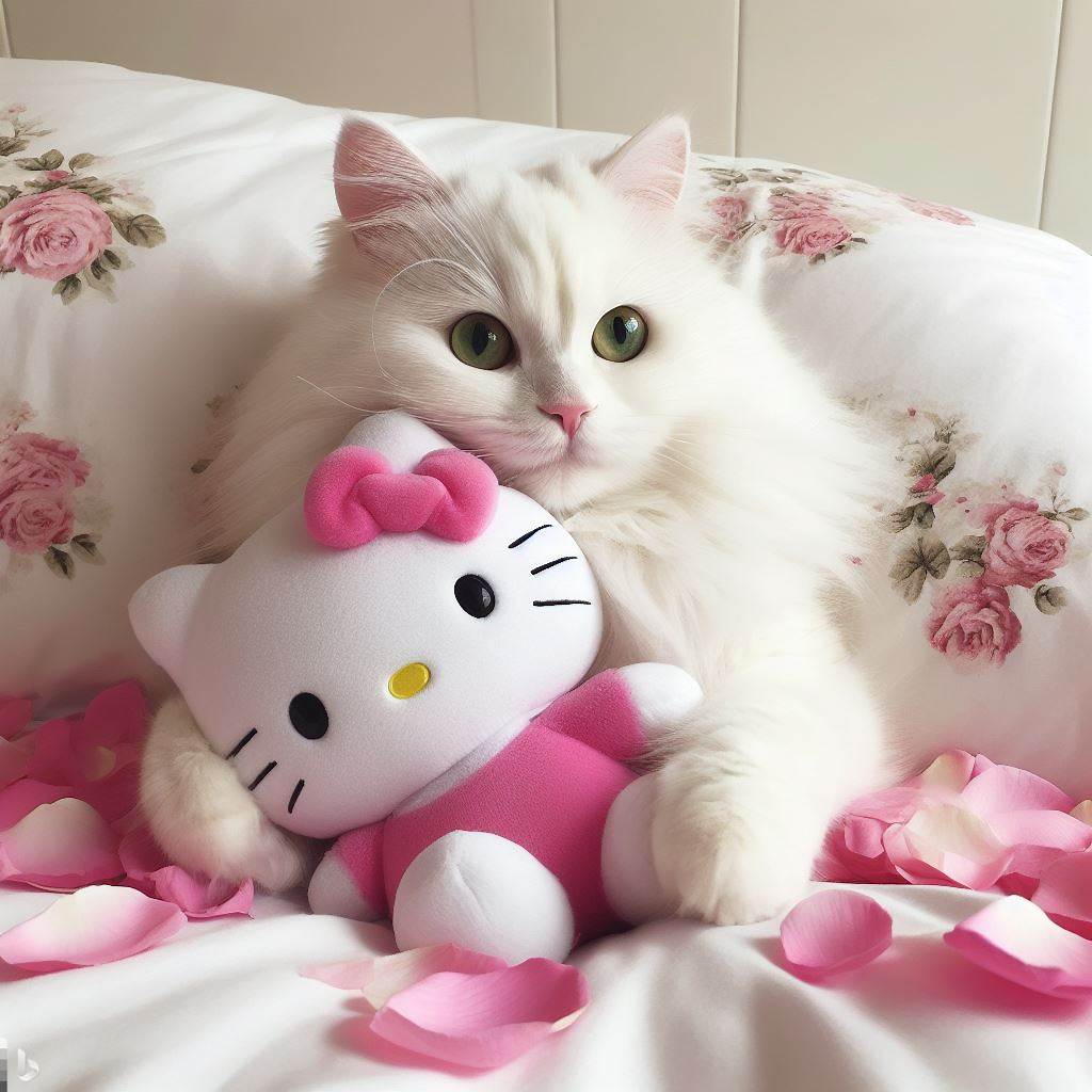 White fluffy cat holding Hello Kitty plush toy on bed with pink rose petals