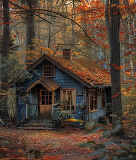 Rustic wooden cottage nestled in autumn forest with orange foliage and fallen leaves