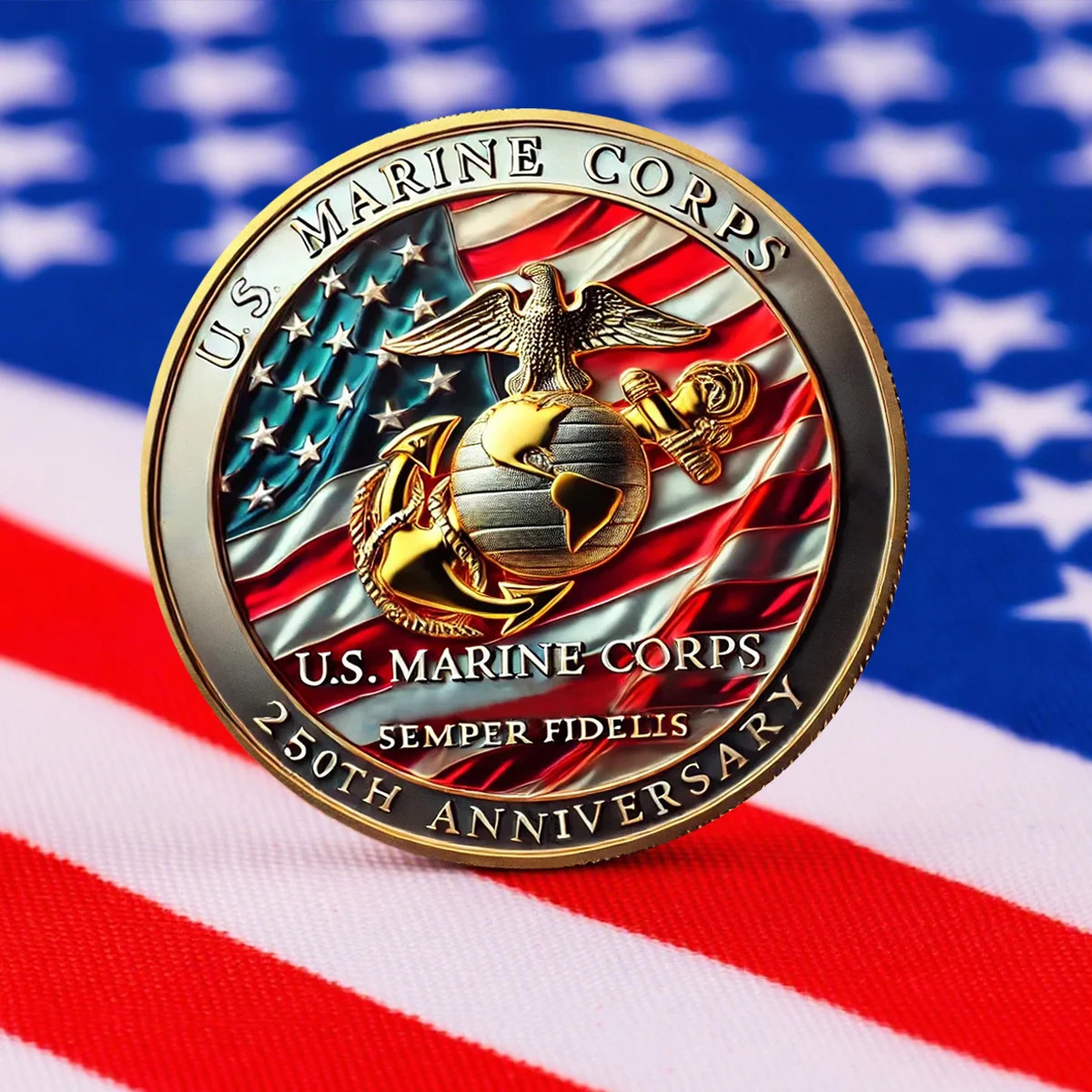 Marine Corps commemorative coin with emblem and American flag background
