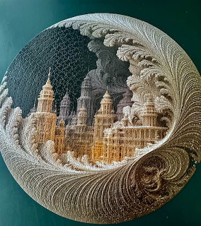 Surreal circular wave painting encircling an ornate cityscape on a dark teal background