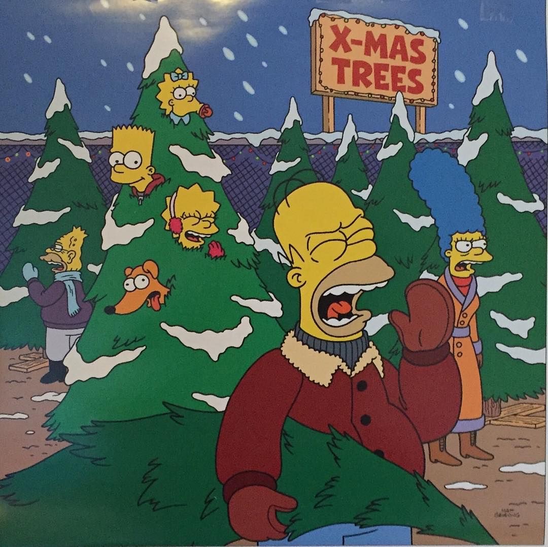 The Simpsons characters choosing a Christmas tree in a snowy lot with pine trees and a wooden sign