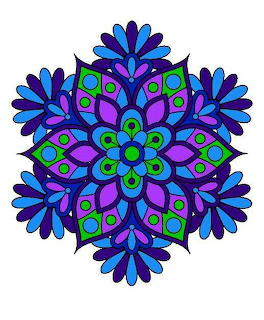 Symmetrical mandala with blue and purple petals and green geometric accents