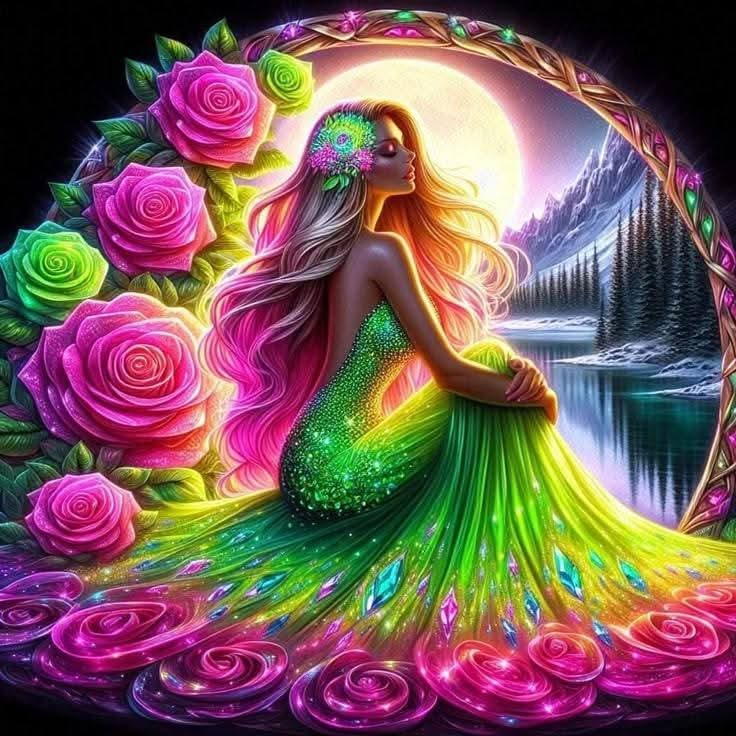 Fantasy woman in a glowing dress with roses by a moonlit lake
