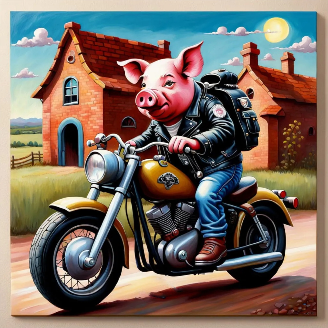 Cartoon pig in biker jacket riding a yellow motorcycle past a red-roofed cottage