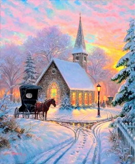 Painting of a stone church in winter with horse and carriage, snow-covered trees, and a pink sunset sky
