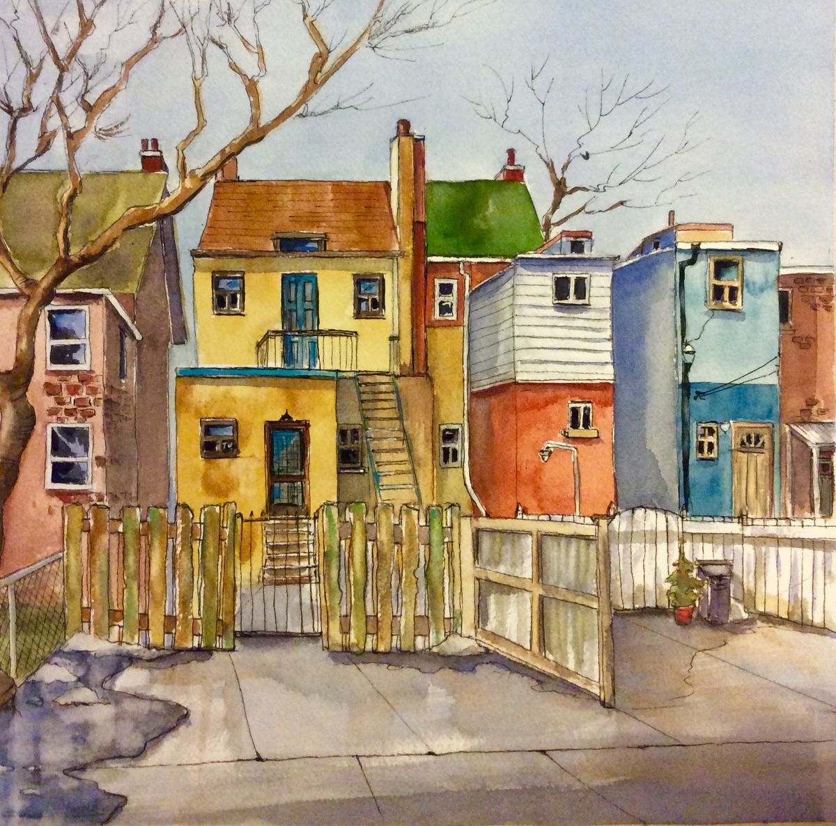 Watercolor painting of colorful village houses with orange roofs and wooden fences