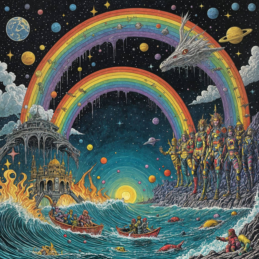 Fantasy art showing double rainbows over swirling ocean waves with planets and golden structures
