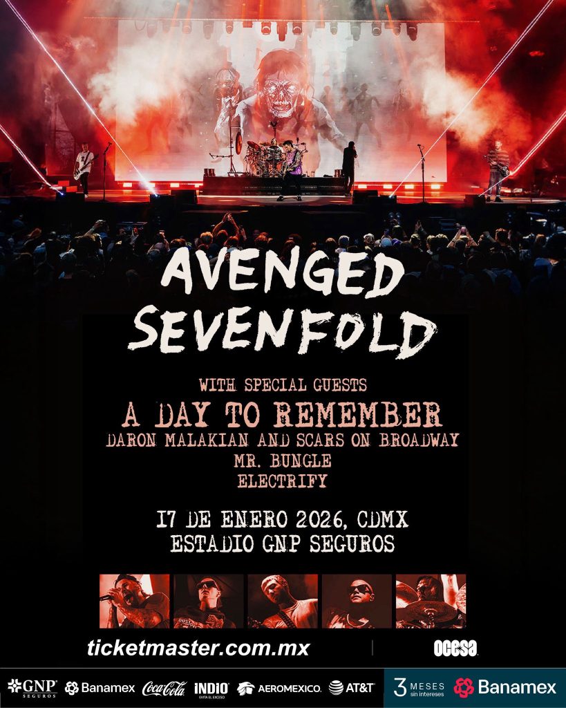 Avenged Sevenfold concert poster for January 17 2026 at Estadio GNP Seguros Mexico City