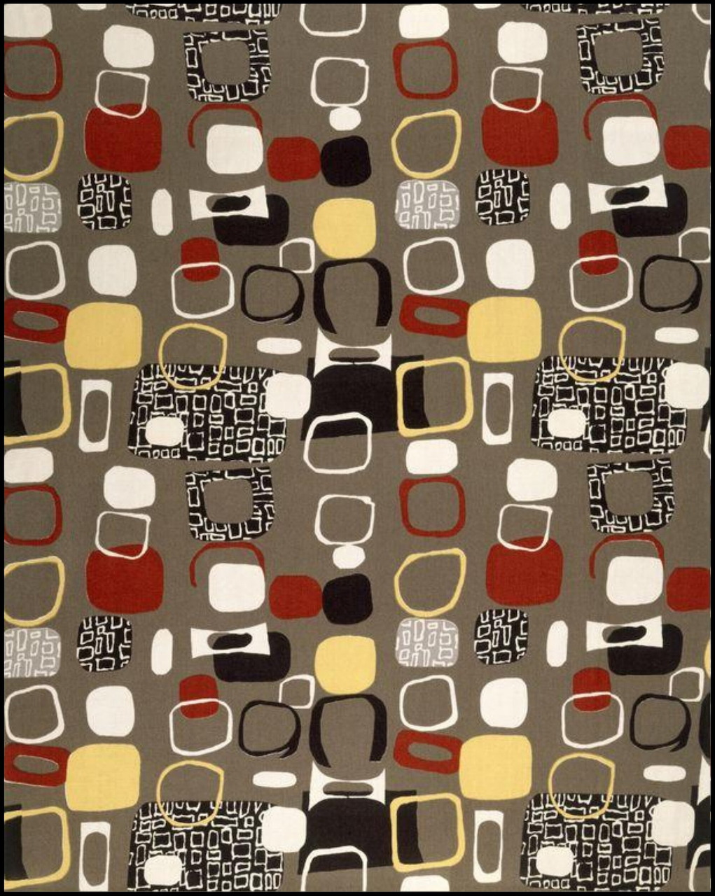 Mid-century modern pattern with rounded rectangles in red, yellow, black, and white on gray
