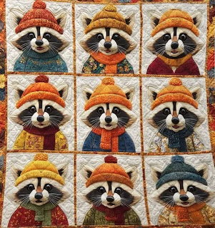 Quilt with nine raccoon faces wearing knit hats and sweaters in warm autumn colors