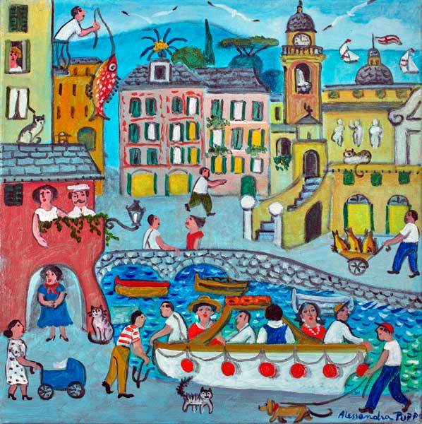 Colorful illustrated canal city scene with boats, people, bridges, and pastel buildings