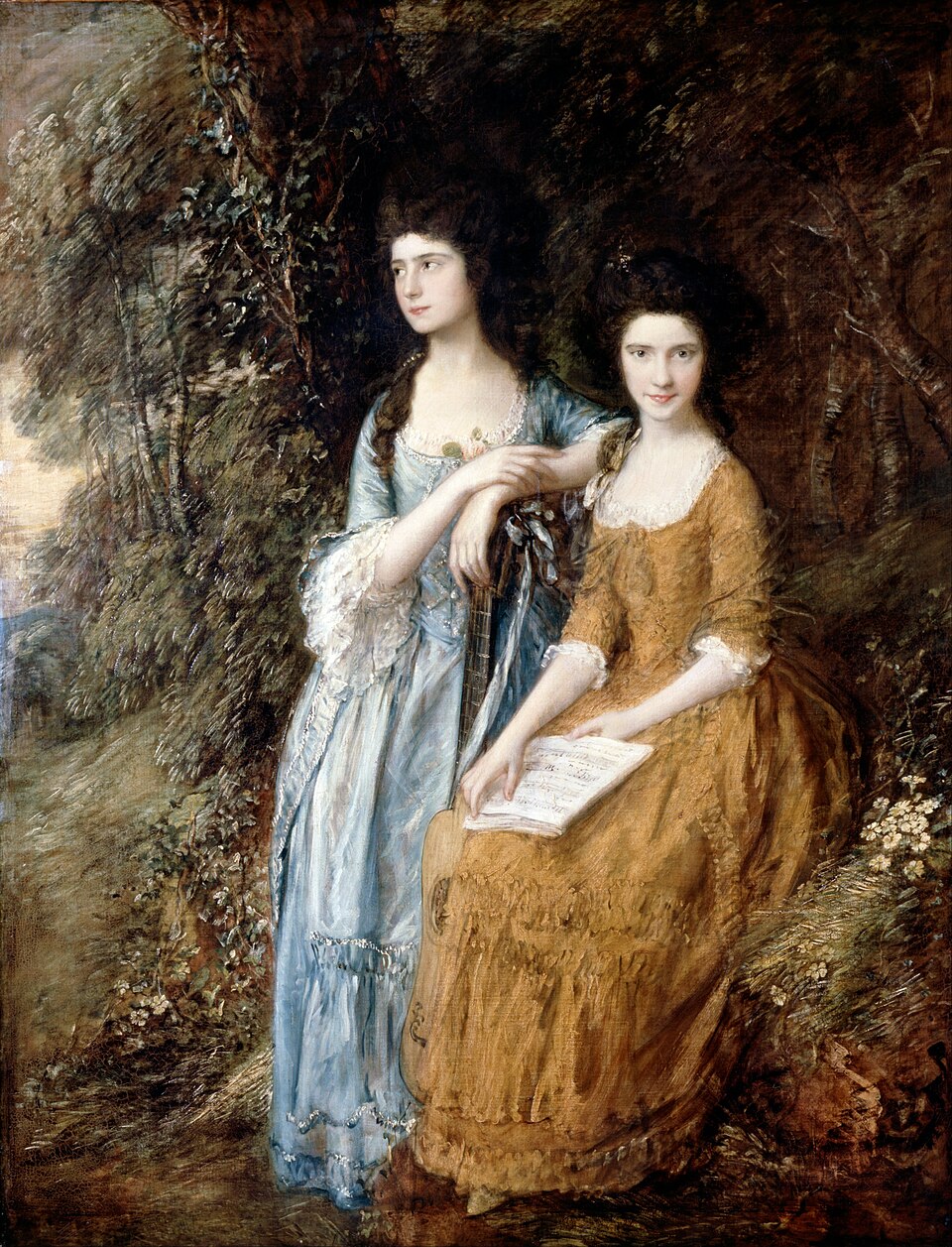 Classical portrait painting of two women in 18th-century dresses posed outdoors among foliage.