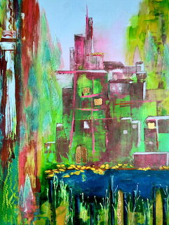 Abstract colorful painting of a cityscape with green trees, buildings, and vibrant brushstrokes