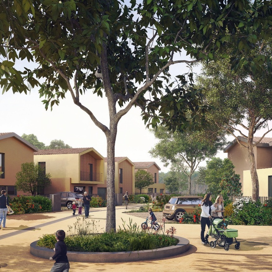Residential courtyard with small houses, trees, and children riding scooters