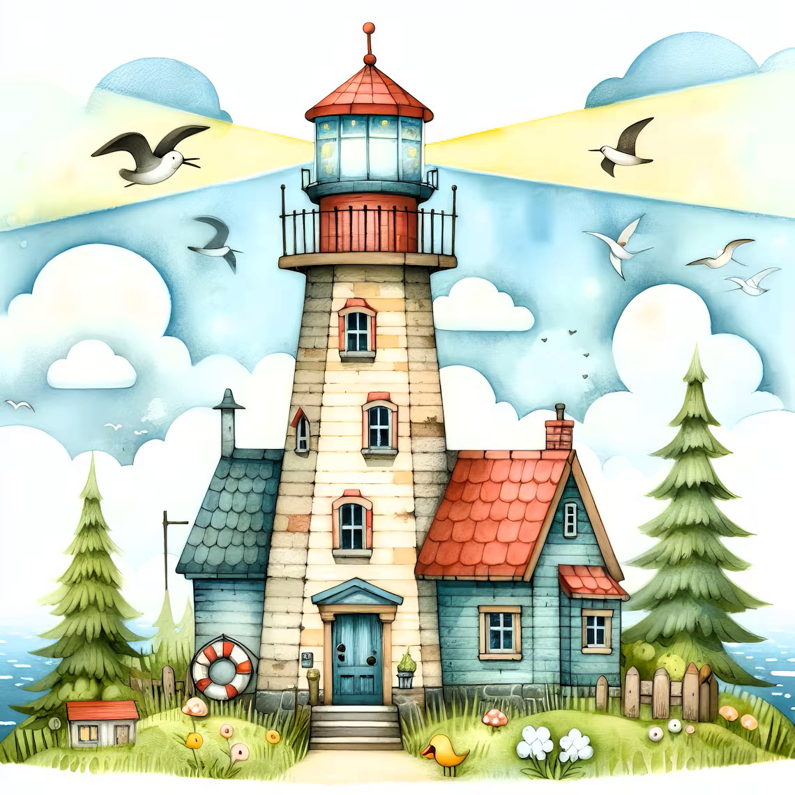 Illustrated lighthouse cottage by the sea with birds, trees, flowers, and clouds