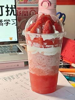 Layered strawberry drink with whipped cream and fresh strawberries in clear plastic cup on desk
