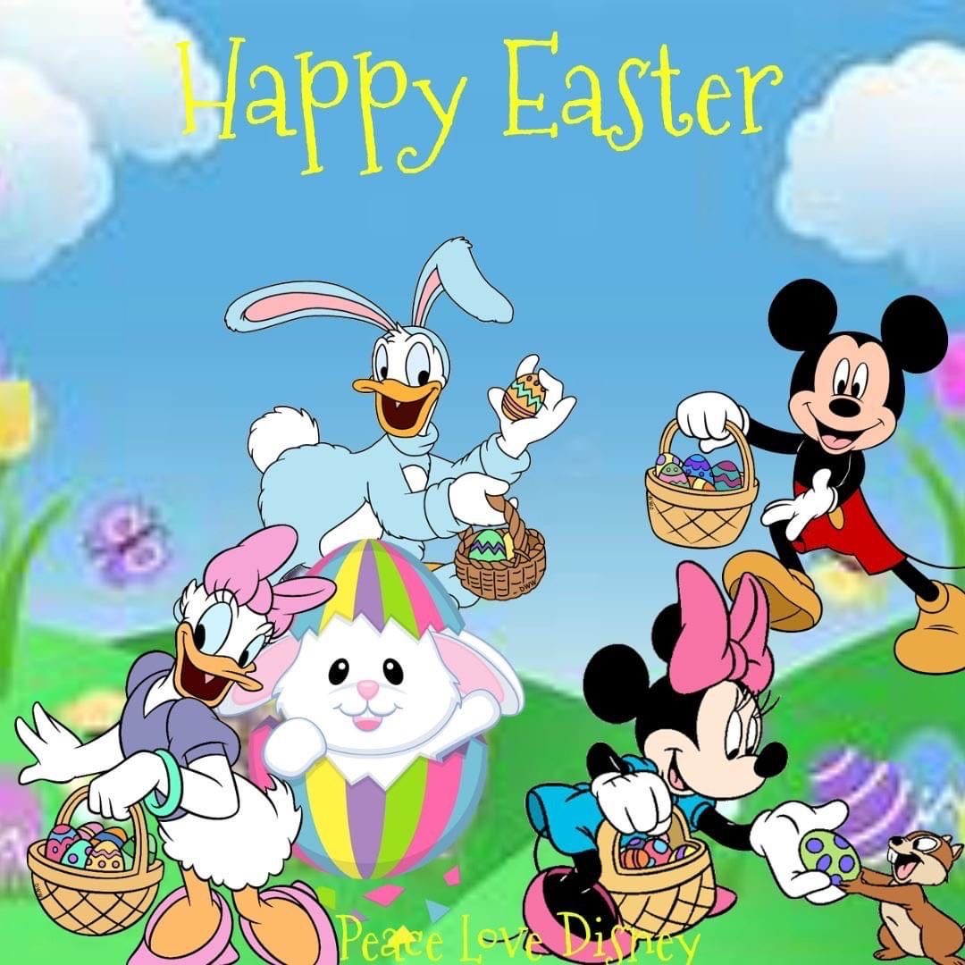 Mickey, Minnie, Daisy, and a bunny holding Easter baskets in a colorful Easter cartoon scene