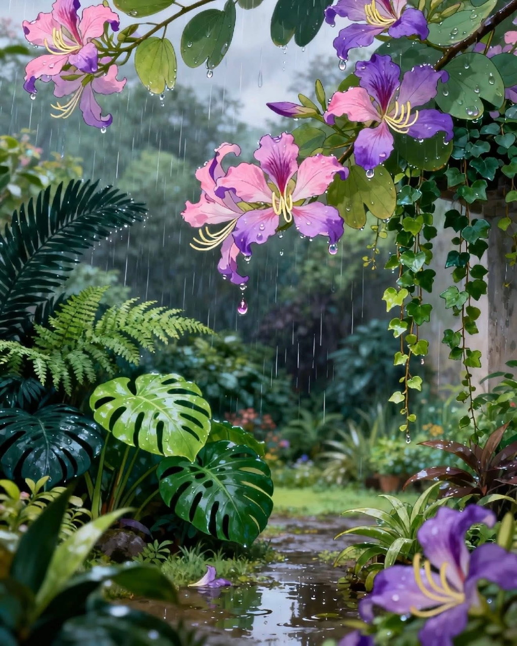 Pink and purple flowers in a rainy tropical garden with monstera plants and ferns along a wet stone pathway