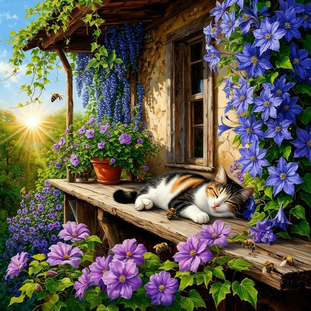 Calico cat sleeping on a cottage window ledge among purple flowers in summer sunlight