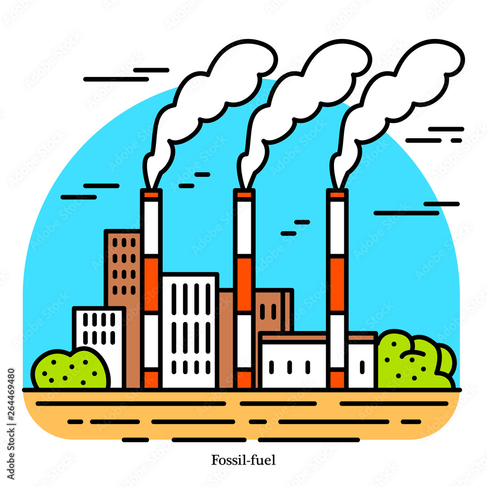 Illustration of a factory with three smoking chimneys and industrial buildings