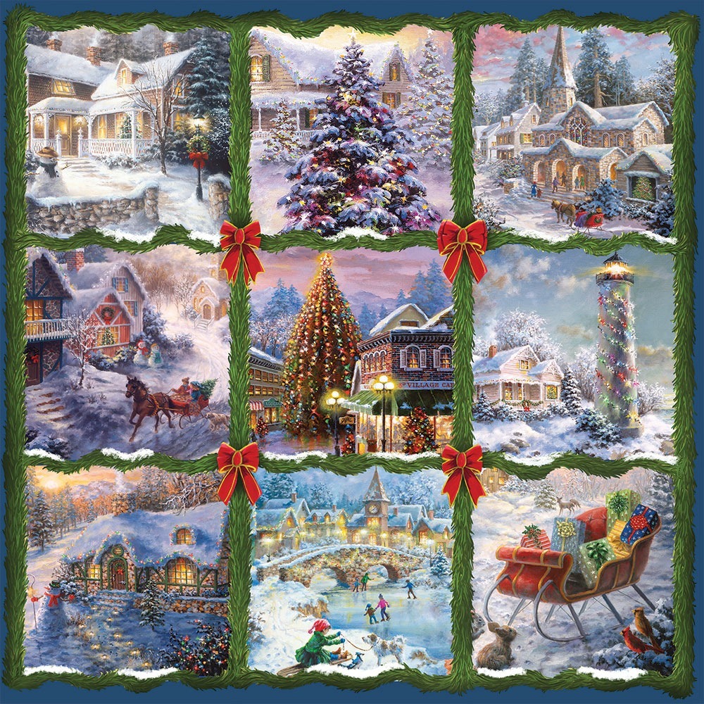 Nine patch quilt of snowy Christmas village paintings with red bows, trees, cottages, and festive winter scenes