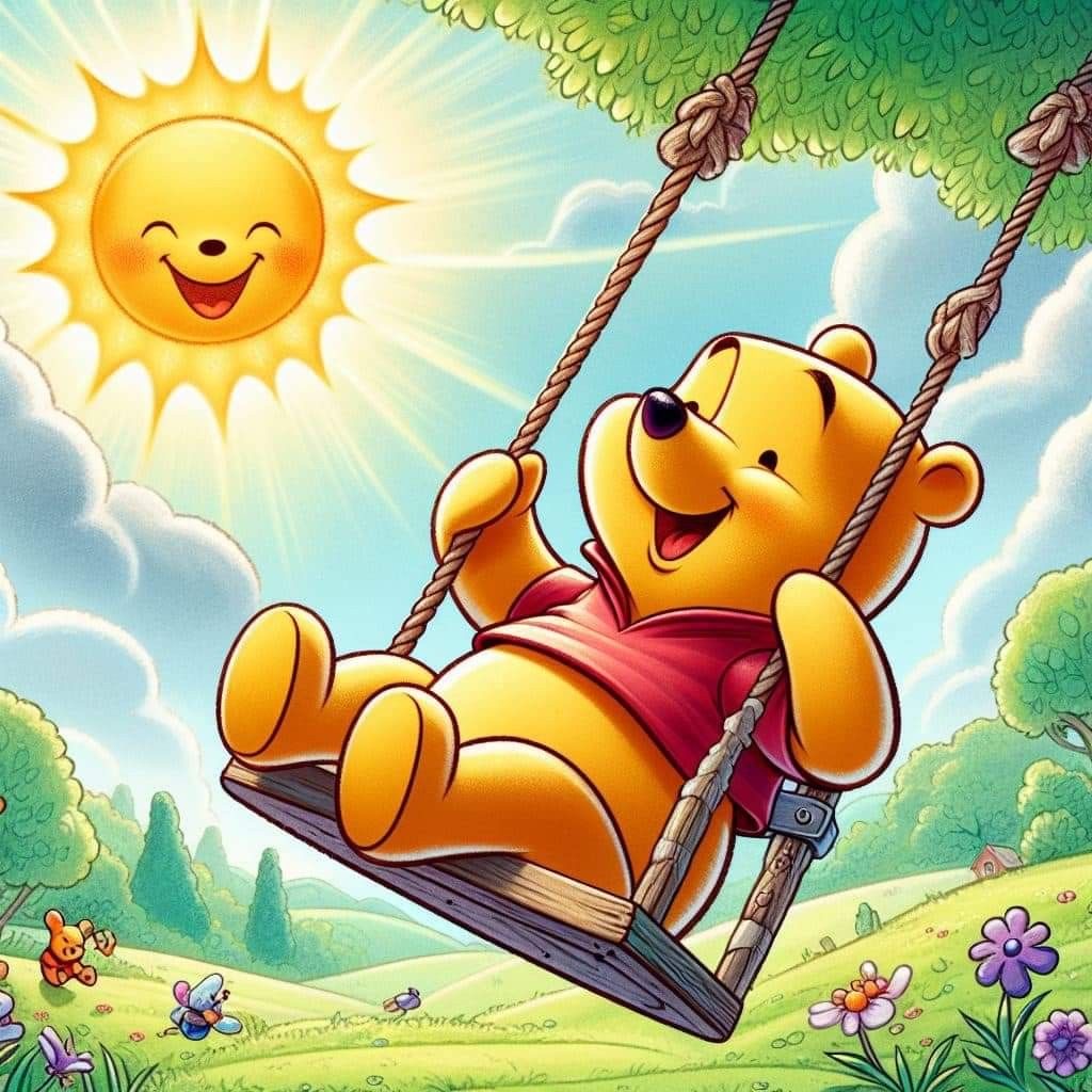 Winnie the Pooh character smiling on a wooden swing under a smiling sun with flowers and butterflies around