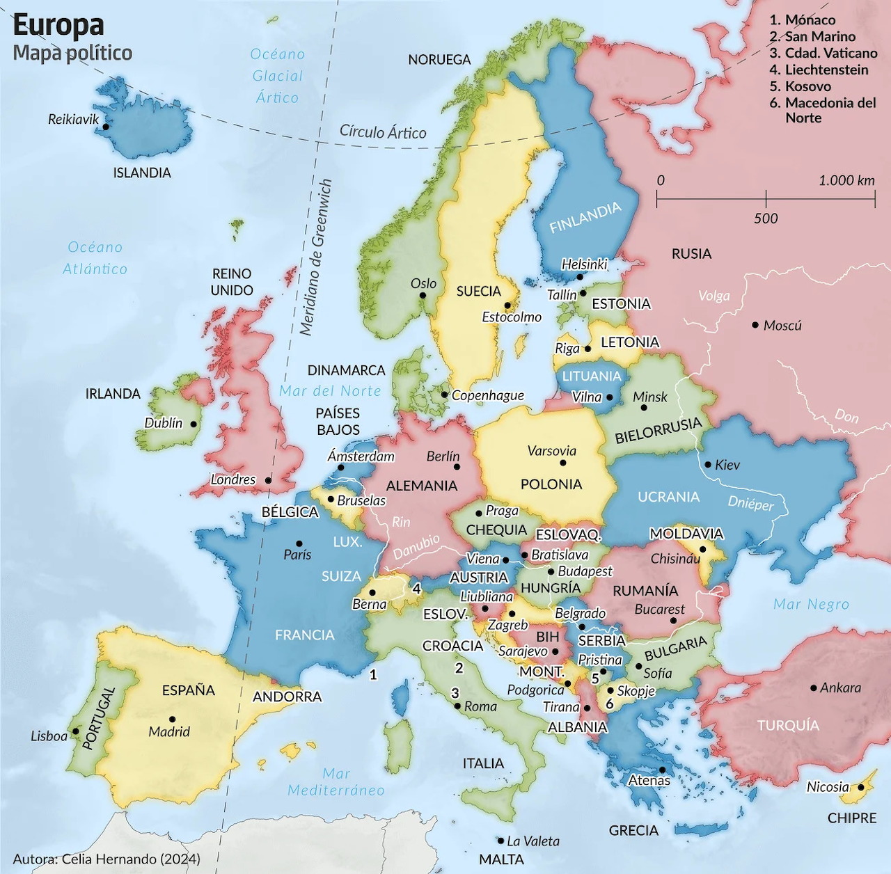 Colorful political map of Europe labeled in Spanish
