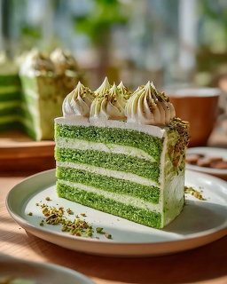 Slice of layered pistachio cake with white frosting on a plate