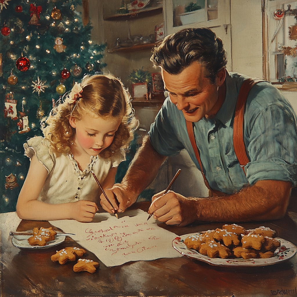 Father and young daughter writing Christmas letter together at kitchen table with cookies and decorated tree