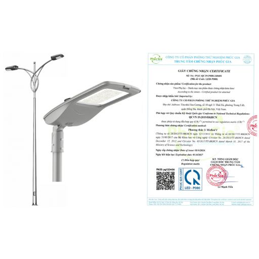 Modern street light fixture next to a certification document on a white background