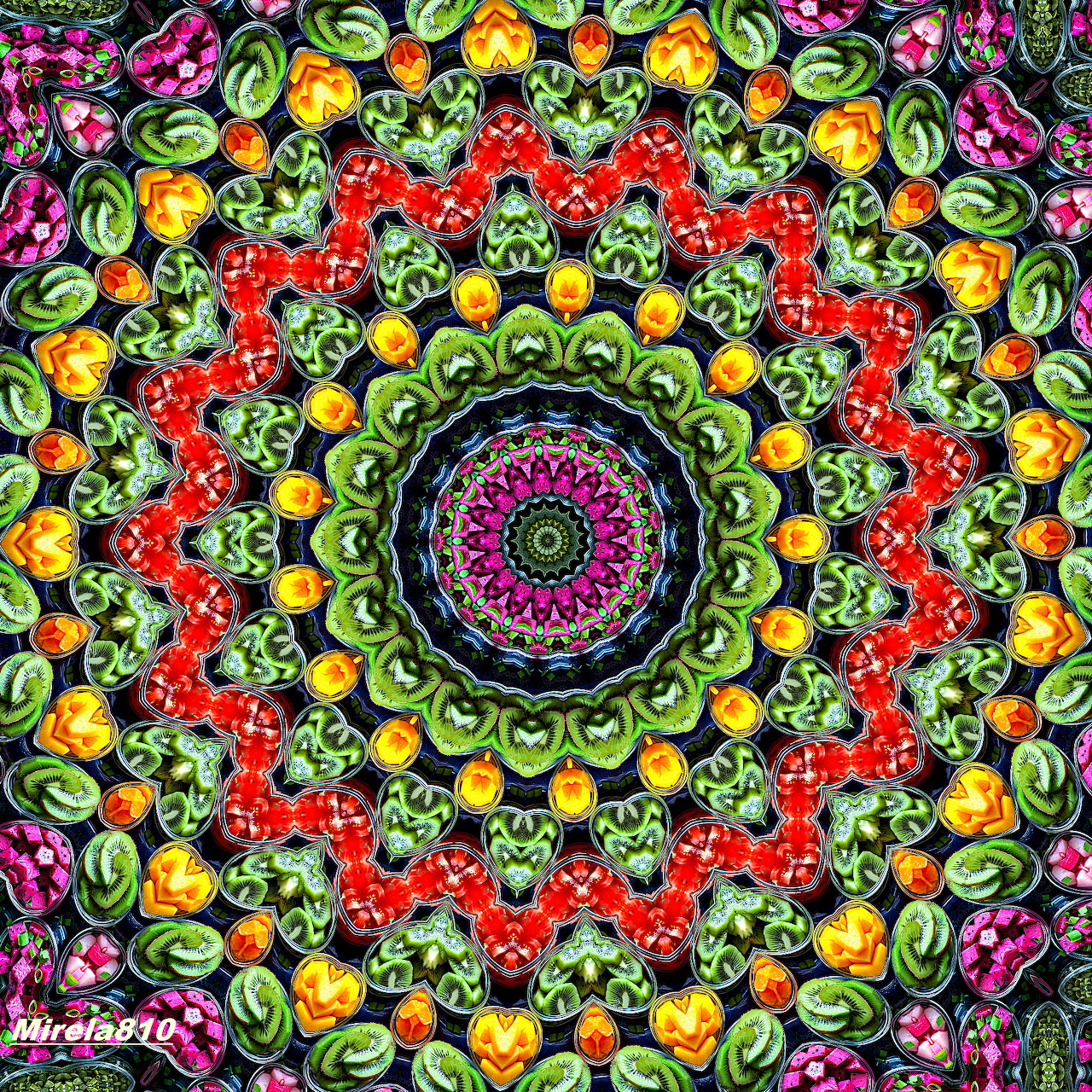 Vibrant circular mandala with symmetrical floral patterns in pink, yellow, green and red radiating from ornate center