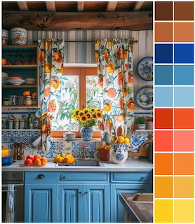Rustic kitchen with blue cabinets, floral curtains, sunflowers, and decorative tiles with color palette