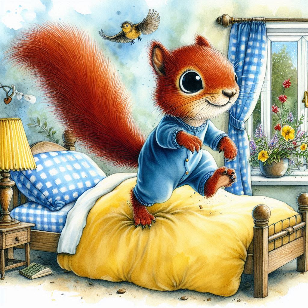 Squirrel Waking Up in Bed
