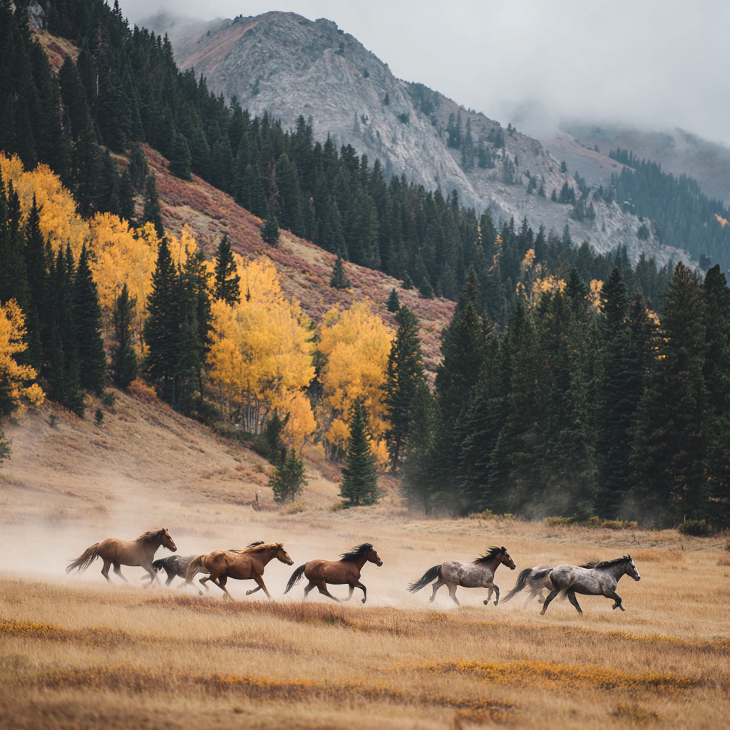 Herd of horses running through autumn field with mountains and fall colors behind them