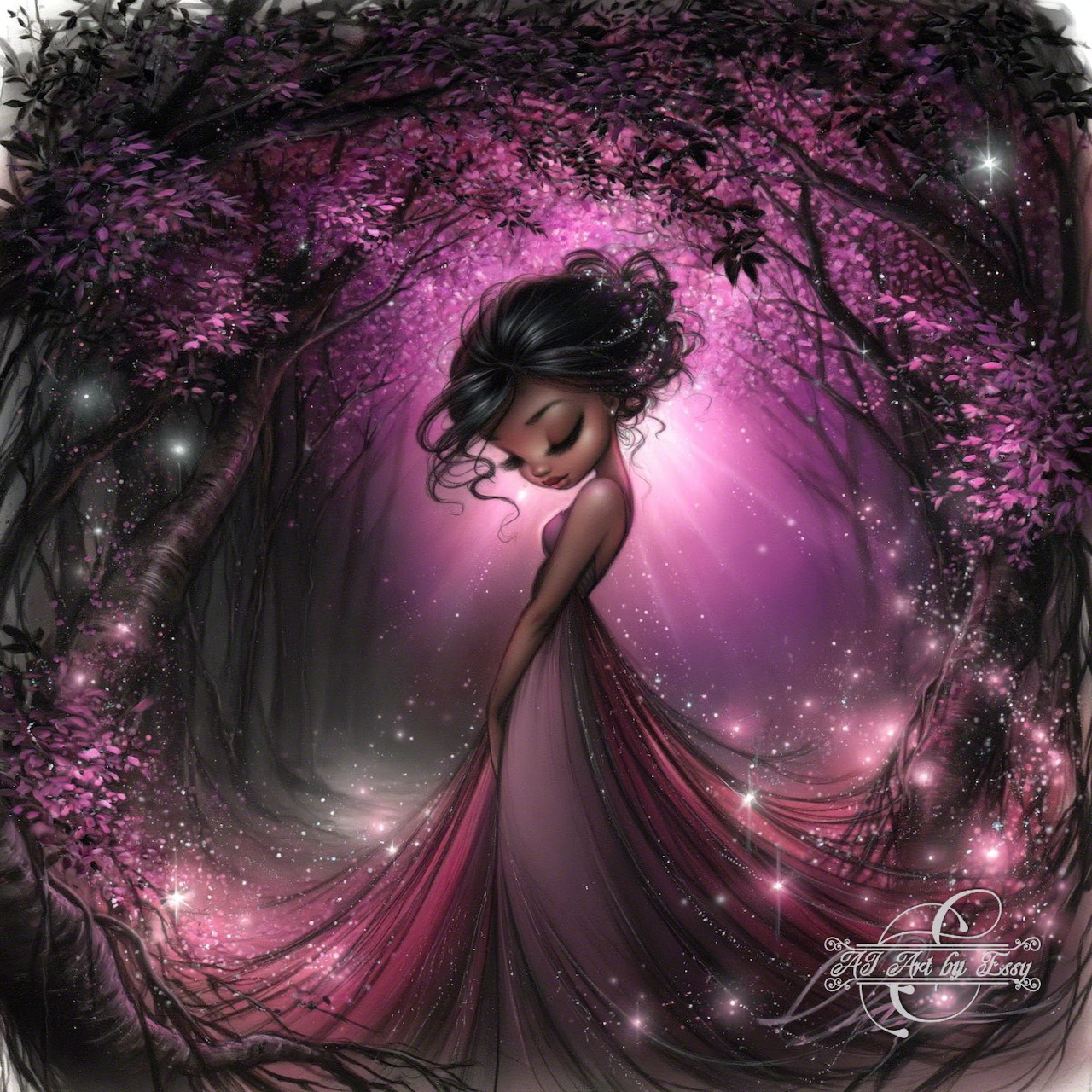 Woman in purple flowing dress under magical glowing forest archway with sparkles