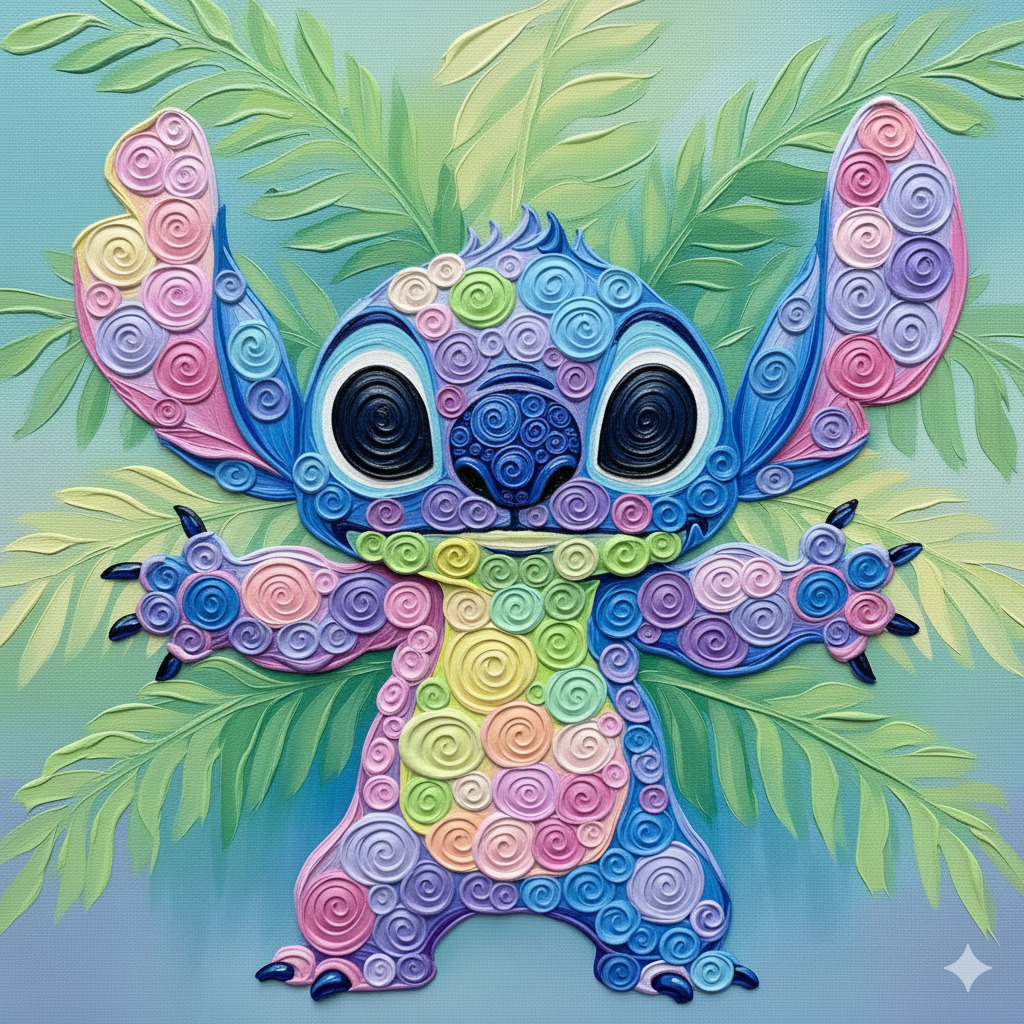 Paper quilled Stitch character with rainbow spiral patterns and green palm leaves