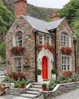 Stone cottage with red door, flower boxes, and arched windows in valley