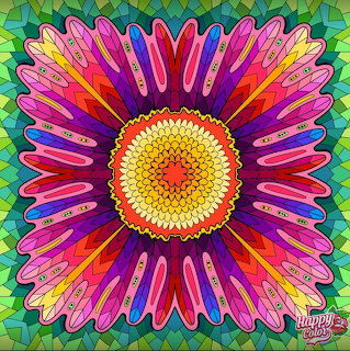 Colorful symmetrical mandala with radiating petals in rainbow hues and intricate geometric center