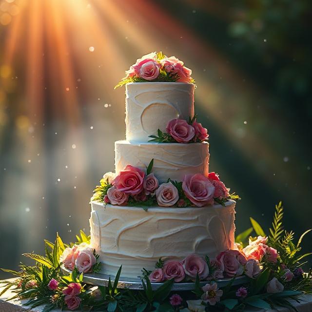 Three-tier white cake with pink roses and greenery in warm outdoor sunlight
