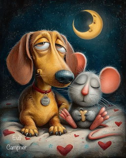 Illustrated dachshund and mouse cuddling under a smiling crescent moon with red hearts
